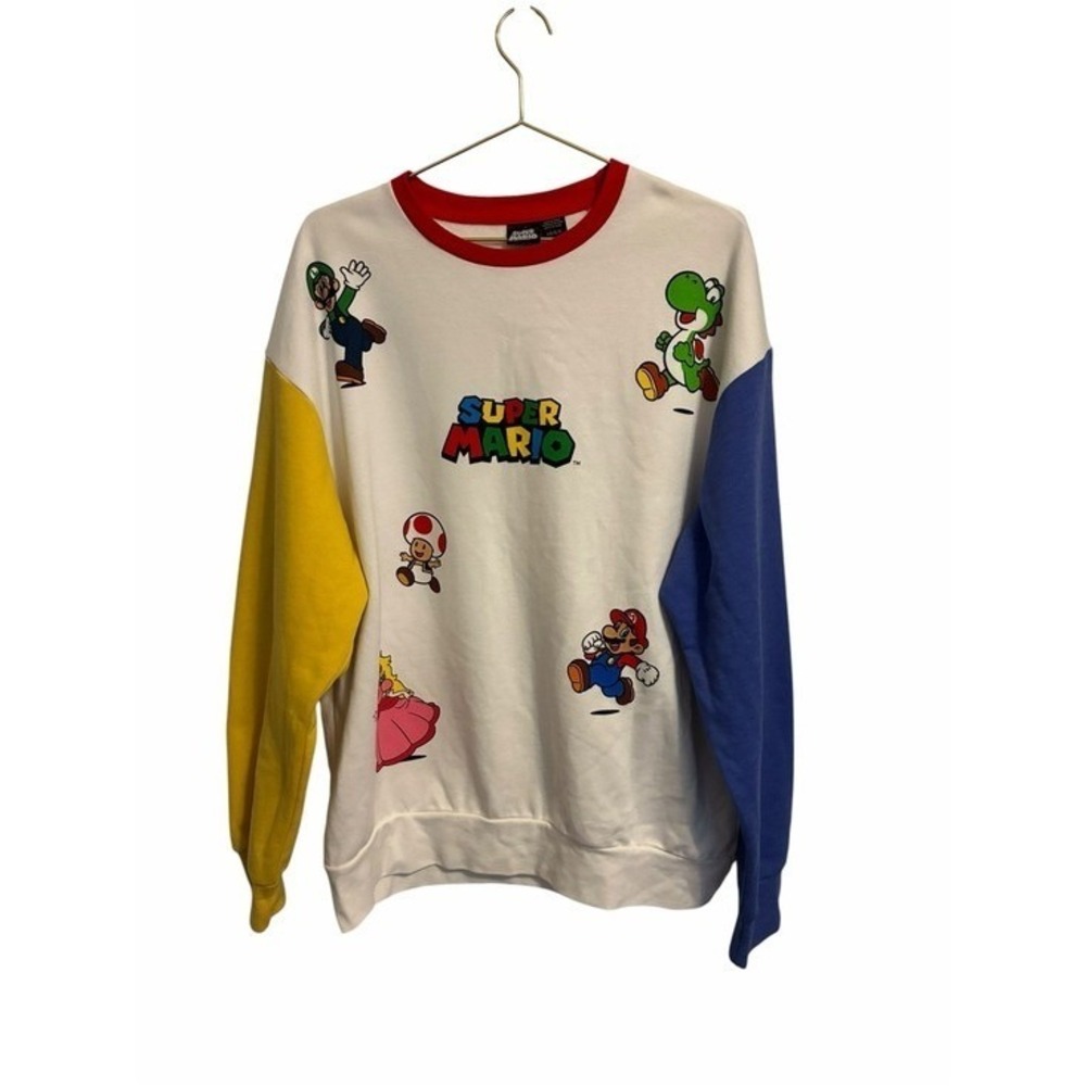 Super Mario Nintendo Colorblock Graphic Sweatshirt White Blue Yellow Large